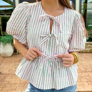 Entro Dina Bow Tie Front Puff Sleeve Cottagecore Coquette Blouse L NWT